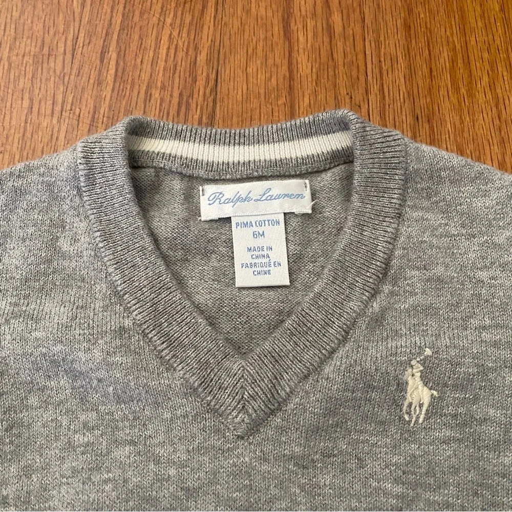 Ralph Lauren Gray V-Neck Cotton Pima Sweater